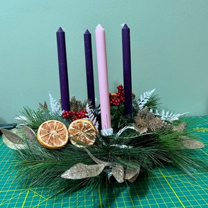 Advent candle wreath, oranges and pine table centerpiece, pink and purple evergreen candle holder