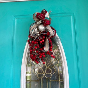 Country Christmas door hanger, red berries and pine lantern swag, red and green Christmas bow,Holiday gift, red berries tree topper,