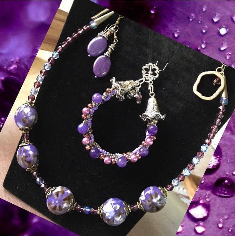 Purple Jewelry Set For Her Handmade Gift Purple Accessories Czech Glass And Ceramic Jewelry Purple Fashion Mothers Day Gift