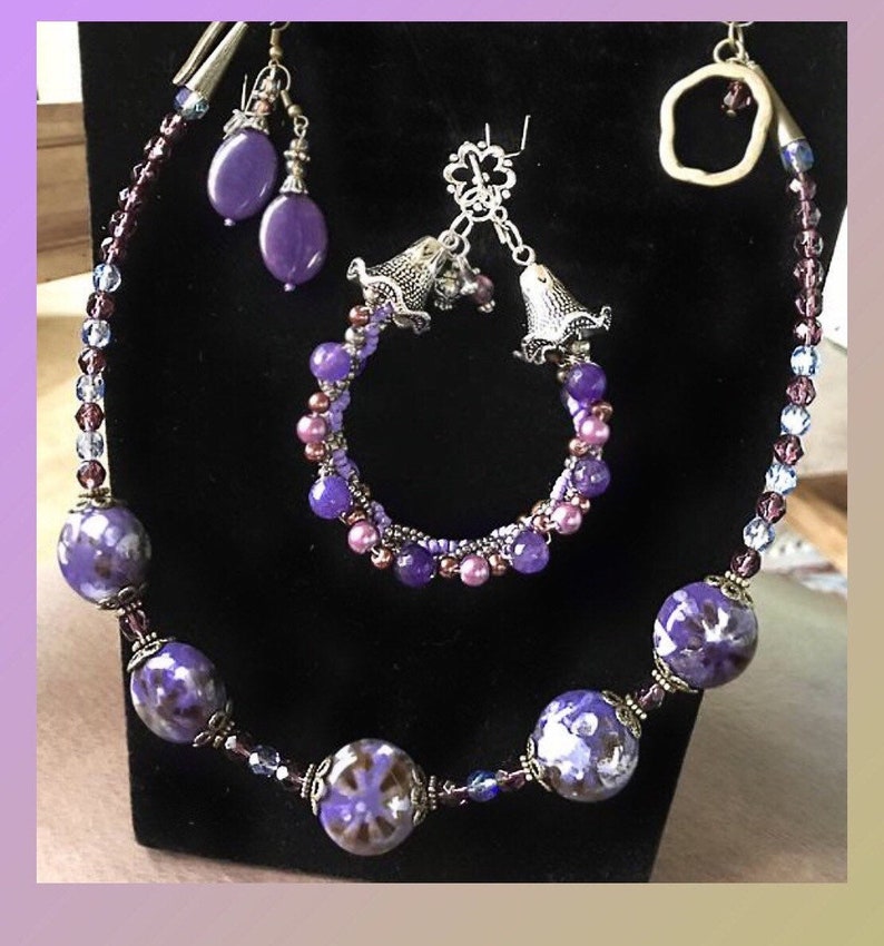 Purple Jewelry Set For Her Handmade Gift Purple Accessories Czech Glass And Ceramic Jewelry Purple Fashion Mothers Day Gift