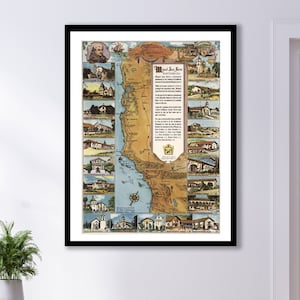 1949 KALIFORNIEN MISSIONEN Poster, Kalifornien Geschichte, Spanische Mission Gebäude Vintage Karte Antik Wand Kunst Karte USA Vintage Wand karte Kunst