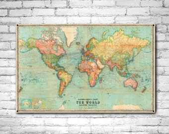 Beautiful World Map Vintage Atlas 1914 Mercator Projection Old World Map Antique Atlas Steel Sign Plasma Cut Earth Old World Poster Print