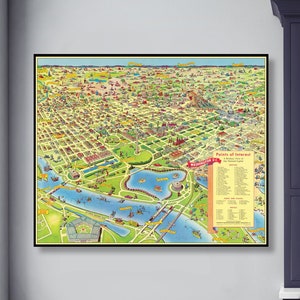 1952 Vintage WASHINGTON DC Points of Interest Cartoon Kaart Print Birdseye View of National Capital Gallery Art Gift Travel Poster