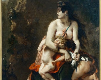 May include: A painting of a woman in a dark green and red dress holding a child. The woman is wearing a crown and has a dagger in her hand. The painting is set in a dark, wooded area.