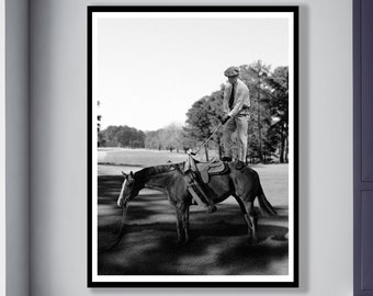 Vintage GOLF Poster, Teeing Off a Horse, Horse Caddy Golf Photography, Black & White Art, Vintage Sports Bar Golfer Gift, Golf Wall Art