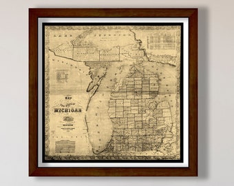 Mapa vintage de Michigan 1856 mapa antigo de Michigan Antigo estilo antigo Presente do estado de Michigan Decoração do Lago Michigan Presente de inauguração Surf to Summit