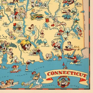 1930&#39;s Vintage CONNECTICUT Map Cartoon Map Print Gallery Wall Art Housewarming Gift Birthday Wedding Anniversary Ruth Taylor Map Color