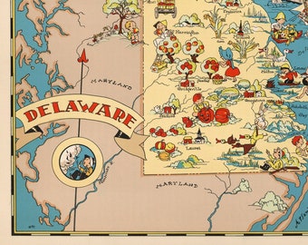 1930's Vintage DELAWARE State Map Cartoon Map Print Gallery Wall Art Housewarming Gift Birthday Wedding Anniversary Ruth Taylor Map Color