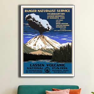 LASSEN VOLCANIC National Park Vintage Poster Print, National Park Service Poster, Ranger Naturalist Service Series Manzanita Lake Wall Art