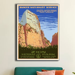 ZION National Park Utah Vintage Poster Print, National Park Service Poster, Ranger Naturalist Service Series Vintage Mountain Map Wall Art