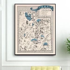 1930 Vintage UTAH Mapa estatal animado Cartoon Map Gallery Wall Art Library Office Office Decor Teacher Gift for Birthday Wedding Anniversary 2020