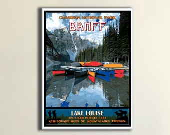 BANFF Canadian National Park Poster Print, Lake Louise Canada Print, Soggiorno Wall Mountain Art, Outdoor Hiking Canoe Lakeside Art