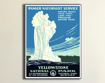 YELLOWSTONE nationalpark vintage affischtryck, Old Faithful Geyser nationalpark affisch vintage bergskarta antik väggkonst karta