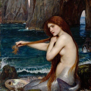 A Mermaid by John William Waterhouse Classic Fine Art Colorful Canvas Paper Print Wall Art Office Decor Gift Home Art