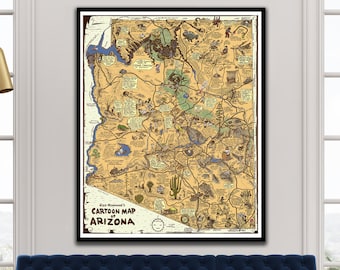 Cartoon Map of ARIZONA Reg Manning 1930's Map Animated Gallery Wall Library Office Decor Teacher Gift for Birthday Wedding Anniversary