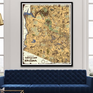 Cartoon Map of ARIZONA Reg Manning 1930&#39;s Map Animated Gallery Wall Library Office Decor Teacher Gift for Birthday Wedding Anniversary