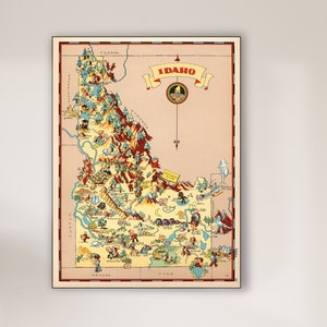 1930&#39;s Vintage IDAHO State Map Cartoon Map Print Gallery Wall Art Housewarming Gift for Birthday Wedding Anniversary Ruth Taylor Map