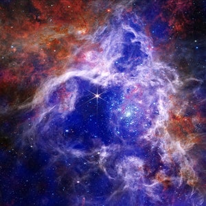 May include: A vibrant nebula with swirling clouds of blue, purple, and red gas. The nebula is filled with countless stars, some of which are brighter than others. The image is a stunning example of the beauty and wonder of the universe.
