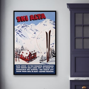 Ski Alta Ski Lodge Sign Rustic Antique Canvas Paper Print Ski Resort Aspen Mammoth Tahoe Swedish Alps Snow Skiing Vintage Sign