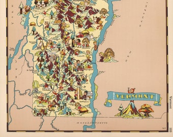 1930's Vintage VERMONT State Map Cartoon Print Gallery Wall Art Housewarming Gift for Birthday Wedding Anniversary Ruth Taylor Map