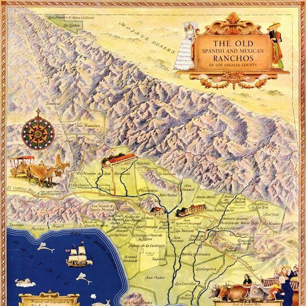 1949 Old Spanish and Mexican Ranchos of Los Angeles Poster, California History, Spanish Vintage Map Antique Wall Art Vintage Wall Map Art