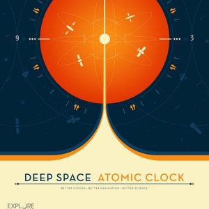 May include: A graphic illustration of a clock face with a red circle in the center and a white rocket ship pointing upwards. The clock face has a white line with the number 12 at the top, and the number 3 at the right. The text "DEEP SPACE ATOMIC CLOCK" is at the bottom of the image, with the text "BETTER CLOCKS BETTER NAVIGATION BETTER SCIENCE" below it. The text "EXPLORE" is at the bottom left of the image, with the text "www.nasa.gov" below it.