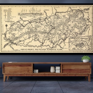 Great Smoky Mountains NATIONAL PARK 1940, Vintage Berg Karte Restaurierung Dekorateur Antike Wand Kunst Karte USA Vintage Wand Karte Art