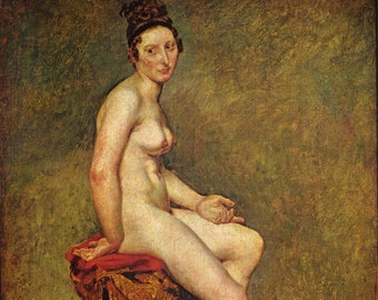 May include: A nude female figure sits on a wooden platform with a red and gold fabric draped over it. The figure has a relaxed pose with one leg extended and the other bent at the knee. The background is a muted green and brown.