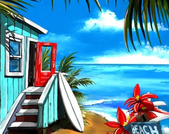 Tropical Paradise Island Poster artistico Stampa su tela Stampa su carta Pittore moderno di metà secolo Decorazioni per la casa Arte vintage, Baracca sulla spiaggia, Arte da parete per la casa