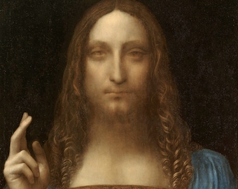 May include: A painting of a man with long, curly hair and a beard. He is wearing a blue robe with a gold sash. He is holding his right hand up in a gesture of blessing, and his left hand is holding a crystal orb.