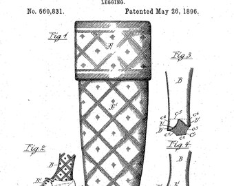 Puede incluir: Un dibujo en blanco y negro de un diseño de patente de legging. La patente es para un legging con un patrón de diamante. El número de patente es 560.831 y la fecha es el 26 de mayo de 1896. La patente es para J.R. Barroll.