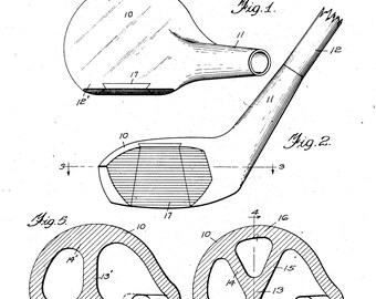 Puede incluir: Un dibujo en blanco y negro de un diseño de palo de golf patentado. El dibujo muestra diferentes vistas de la cabeza del palo, incluyendo la cara, la suela y la parte superior. El número de patente 1.592.463 es visible en la esquina superior derecha. La patente se presentó el 3 de marzo de 1926 y se concedió el 13 de julio de 1926. El inventor es Theodore Marker.