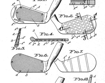 Puede incluir: Un dibujo en blanco y negro de un diseño de palo de golf patentado. El dibujo muestra diferentes vistas de la cabeza del palo, incluyendo la cara, la suela y la parte superior. El número de patente 2.034.936 es visible en la parte superior de la página. La patente fue presentada el 15 de julio de 1931 por George E. Barnhart.