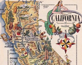 May include: A colorful illustrated map of California with a woman in a green dress standing on the state. The map shows major cities, landmarks, and geographic features. The map includes a compass and a scale bar.