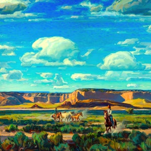 May include: A painting of a desert landscape with a group of cowboys riding horses. The sky is blue with white clouds. The cowboys are wearing traditional western clothing. The painting is done in a realistic style.