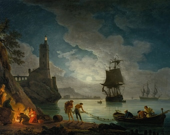 A Harbor in Moonlight by Claude Joseph Vernet Print Reproduction, Wall Art Famous Painting Oil Painting Poster Canvas Paper Print