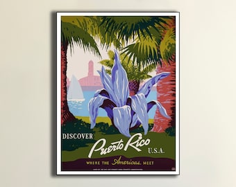 Discover PUERTO RICO 1930s Vintage Style WPA Travel Poster, Travel Retro Vintage New York City Art Projects Admin Coastal Beach Decor