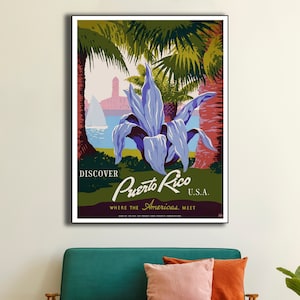 Discover PUERTO RICO 1930s Vintage Style WPA Travel Poster, Travel Retro Vintage New York City Art Projects Admin Coastal Beach Decor