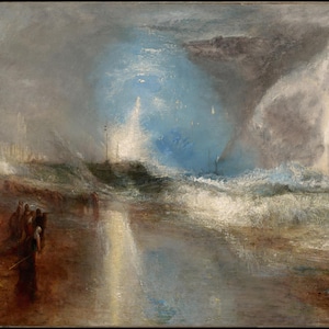 Könnte beinhalten: Ein Ölgemälde, das eine dramatische Meereslandschaft mit einem turbulenten Himmel und tosenden Wellen darstellt. Das Kunstwerk zeigt eine dunkle, stürmische Atmosphäre mit Figuren am Ufer, die in Grau-, Blau- und Brauntönen gehalten sind.