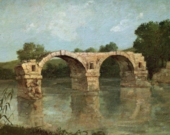 May include: A painting of a stone bridge with three arches over a river. The bridge is partially ruined, with some of the stonework missing. The river is calm and reflects the sky and the bridge. The painting is done in a realistic style, with muted colors.