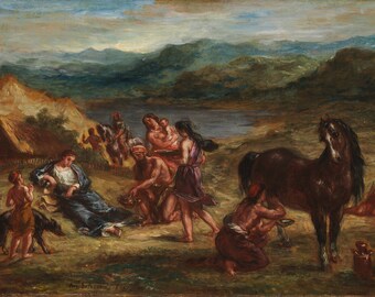May include: A painting depicting a group of people in a landscape setting. The people are dressed in various clothing, some are wearing traditional garments. There is a horse in the foreground, and a river in the background. The painting is done in a realistic style with a focus on detail.