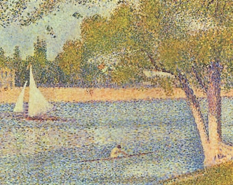 May include: A pointillist painting of a sailboat on a lake with a person rowing a boat in the foreground. The lake is surrounded by trees and a building in the background.