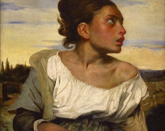 May include: A painting of a young woman with brown hair, wearing a white blouse and a brown shawl. She is looking off to the side with a serious expression on her face. The background is a landscape with a cloudy sky.