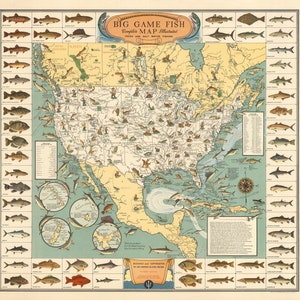 BIG Game FISH Map - 1936 Fish Map of The United States, Salt and Fresh Water Fish Pictorial Map, North American Fish Fisherman Gift Poster
