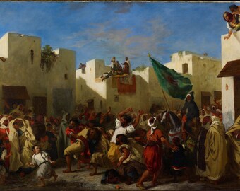 May include: A painting depicting a bustling street scene in a North African city. The scene is filled with people, some on horseback, others on foot, all dressed in traditional clothing. A large green flag with a symbol in the center is being carried by a group of people. The buildings in the background are white and have flat roofs.