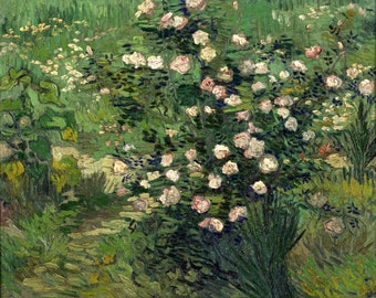 Rosas de Vincent van Gogh 1889 Famosa pintura de flores naturales con paisaje de cabaña verde salvia silenciada - Impresión de reproducción de pintura vintage