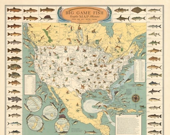 BIG Game FISH Map - 1936 Fish Map of The United States, Salt and Fresh Water Fish Pictorial Map, North American Fish Fisherman Gift Poster