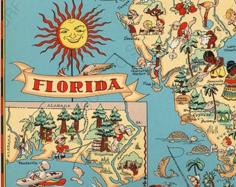 1930s Animated FLORIDA State Map RARE Map Reprint Map of Florida Wall Art usbl 