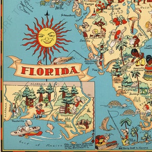 Jaren 1930 Vintage Florida State Map Cartoon Map Print Gallery Wall Art Housewarming Cadeau voor verjaardag Bruiloft Verjaardag Ruth Taylor Kaart Kleur