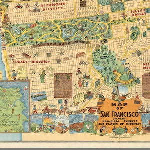1928 Vintage San Francisco Map Places of Interest Cartoon Map Gallery Wall Art Housewarming Birthday Anniversary Harrison Goodwinz M1 image 1